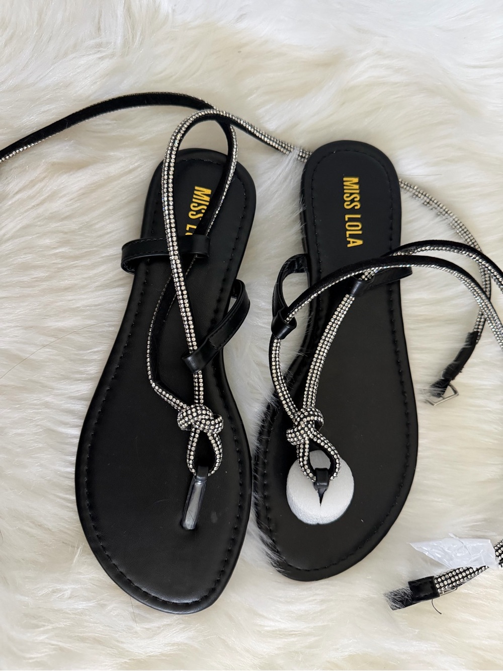 Miss Lola Black Rhinestone Knot T-Strap Sandals - Picture 1 of 4